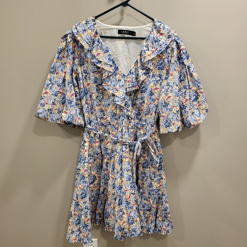 Lauren Ralph Lauren Floral Dress Women Size 14 Coastal Flowy Ruffle Puff Sleeve